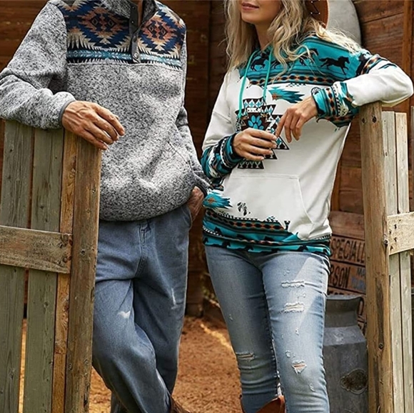 Boho Horse Equestrian Print Southwest Aztec Print Hoodie Sweatshirt Size XL - Picture 2 of 14